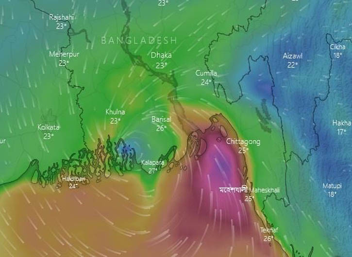 ভোলার পাশ দিয়ে বরিশাল চট্টগ্রাম উপকূল অতিক্রম শুরু করেছে ঘূর্ণিঝড়